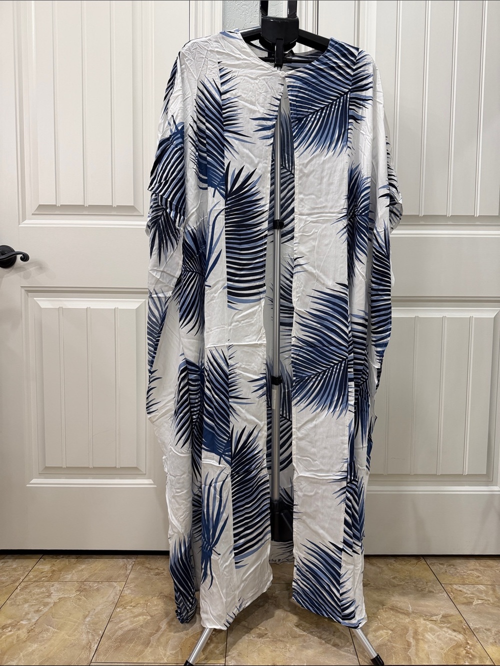 White & Navy Palm-Print Flowing Jumpsuit